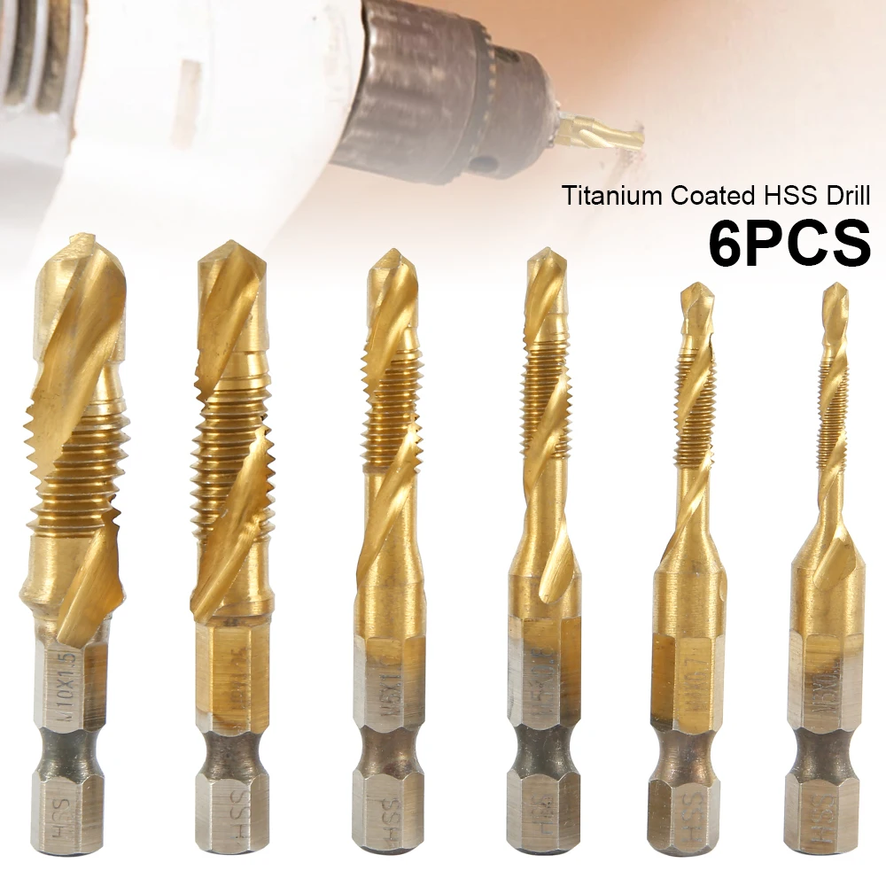 6pcs 1/4" M3-M10 Screw Tap Drill Bits HSS Countersink Coated Taps Hex Shank Thread Woodworking Drill Bits Hand Tools