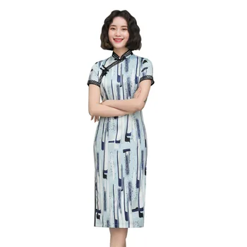 

Shanghai Story Short Sleeve Vertical Striped Chinese Dress Faux Silk Cheongsam Knee Length Qipao with Lining 2 Color