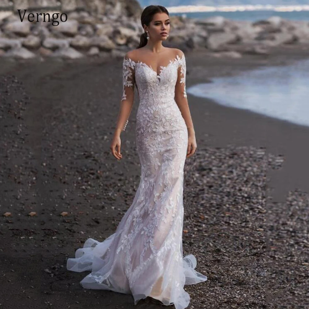 

Verngo Elegant Lace Floral Wedding Dress 2020 Mermaid Long Sleeve Tulle Sheer Neck Bride Gowns With Nude Lining Buttons Back