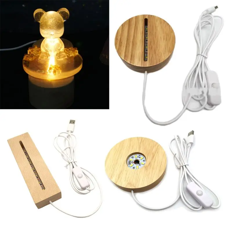 

Handmade Resin Art Wood LED Light Dispaly Base Crystal Glass Resin Art Ornament Wooden Night Lighted Base Stand Crafts