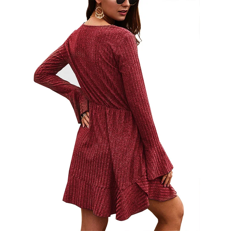 Женское трикотажное мини платье с V образным вырезом и длинным рукавом|Платья| |