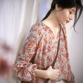 

selling cotton and linen style leisure loose women to restore ancient ways of linen garment printing shirt