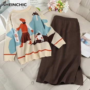 

Korean 2019 Fashion Women Knit 2 Piece Set Vintage Beige/Black Long Sleeve Cartoon Pattern Sweater + Skirt Female 2pcs Set Suit