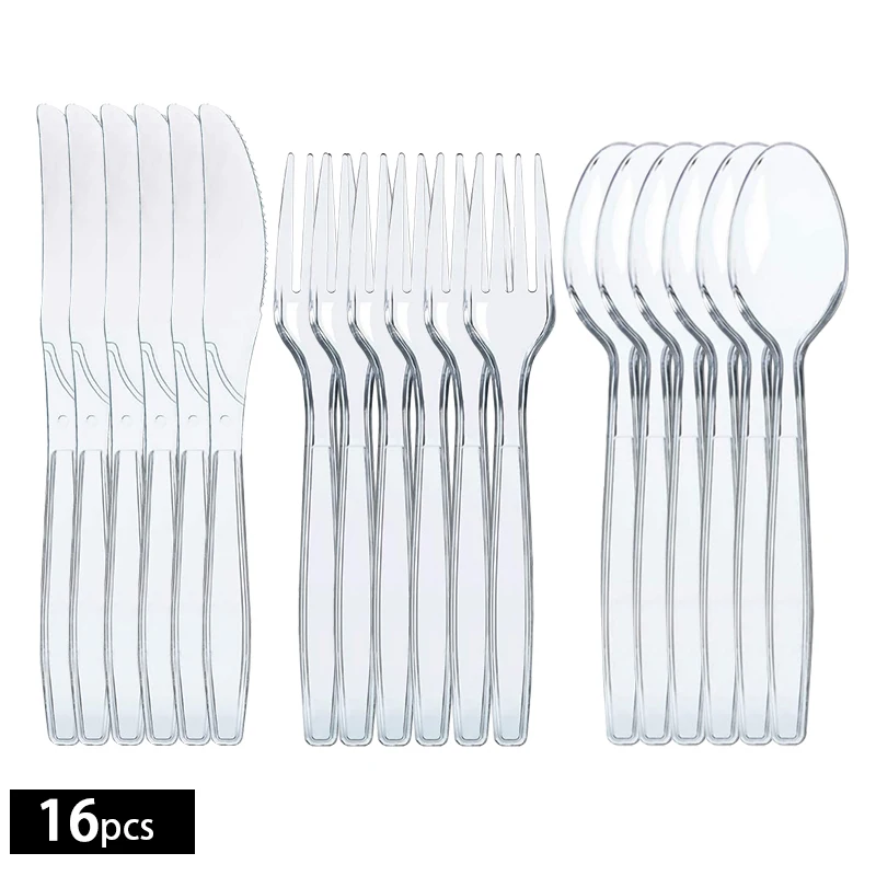 16Pcs Black/Clear Plastic Utensils Heavy Duty Plastic Cutlery Set