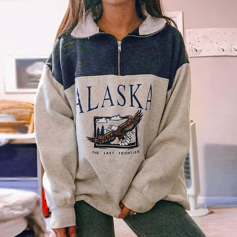 Suéteres con cremallera para mujer, cuello levantado de algodón, Media letra impresa, manga larga, Vintage, gris, informal, suelto, n. ° 4