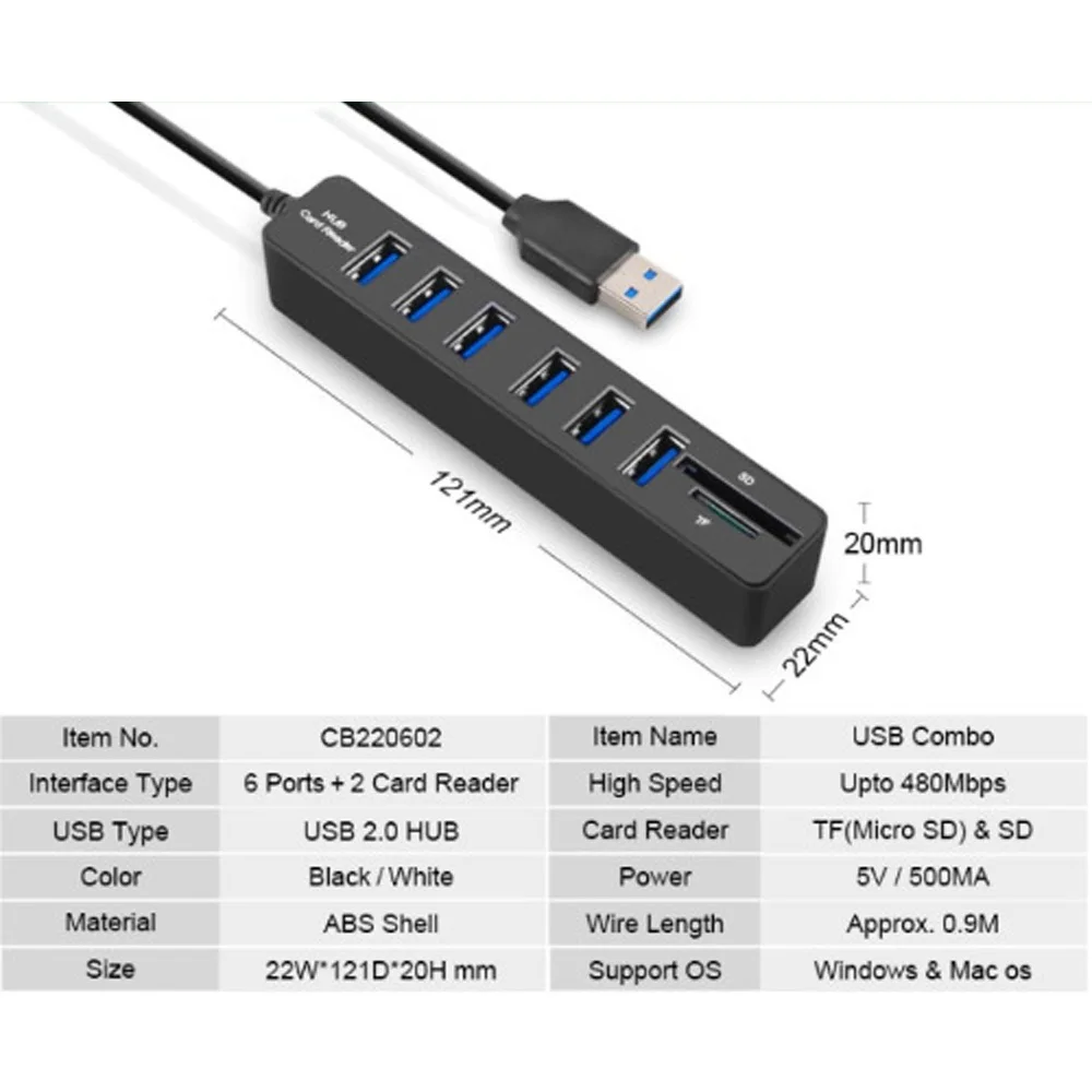 Usb-хаб 2,0 Мульти USB 2,0 док-станция USB высокоскоростной разветвитель 3/6 Порты жил устройство для чтения карт SD TF все в одном для ПК Компьютерные аксессуары