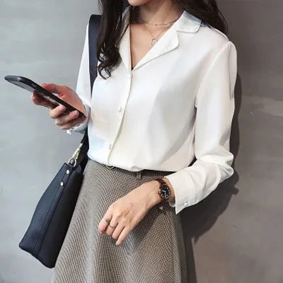 Блузки женские с v-образным вырезом офисные женские топы белая блузка осенние женские рубашки с длинным рукавом плюс размер шифоновая блузка женские топы B230 - Цвет: Белый