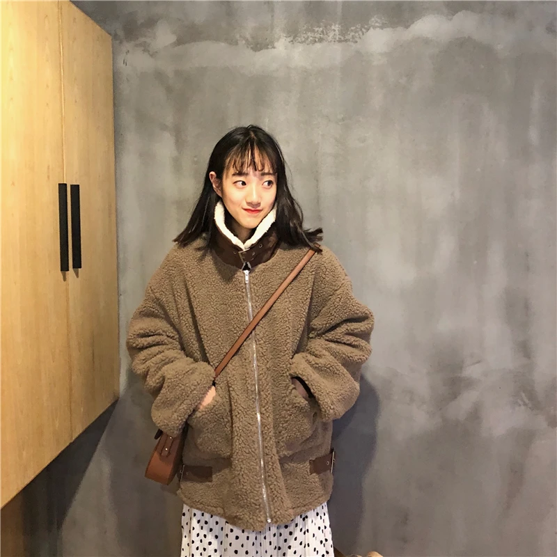 2 colors 2019 autumn and winter mixed color stand lamb furs coats womens pocket loose cotton pad jackets (CX500) |