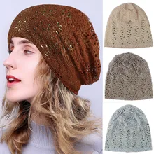 Женская выдолбленная Осенняя шапка со стразами, с шипами, для выпадения волос, для сна, тюрбан, шапочка для химиотерапии, для вязания, тонкая смесь хлопка, кружево