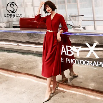 

Skyyue Three Quarter Sleeve Women Party Gowns FR333 Burgundy V-Neck Evening Dresses Solid A-Line Long Vestidos De Fiesta 2020