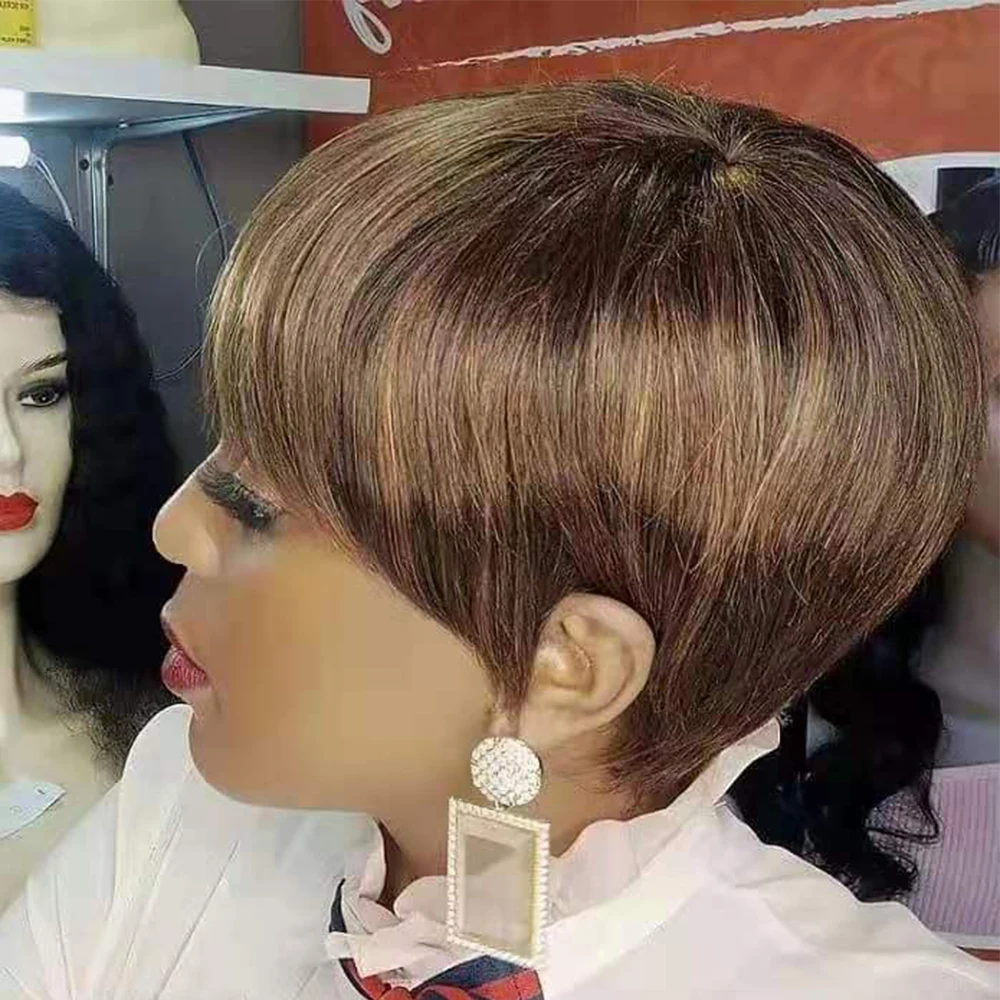 Piano Blonde Short Human Hair Wigs Pixie Cut Straight Remy for black women brown black 99j No Lace HighLight With Thick Fringe