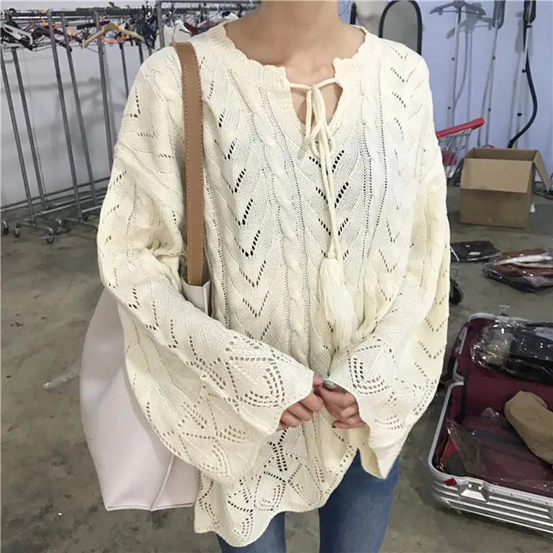 

Lace Sweater Women Hollow Out Pullovers Flare Sleeve Loose Oversized Knitted Outwear Female Jumper Cable Knitting Tops Vintage