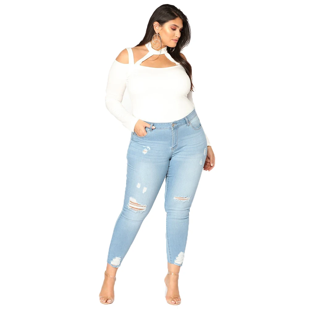 

Summer Fashion Women Jeans Plug Size Elastic Stretch Washed Denim Jeans Female Casual Holes Jeans High Street Jeans Women