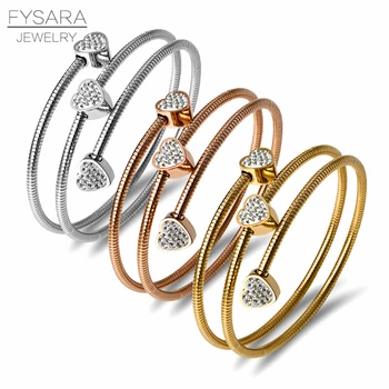

FYSARA Three Circles Cable Wire Bangles & Bracelets for Women Stainless Steel Gold Black Heart Round Crystal Charm Cuff Bracelet