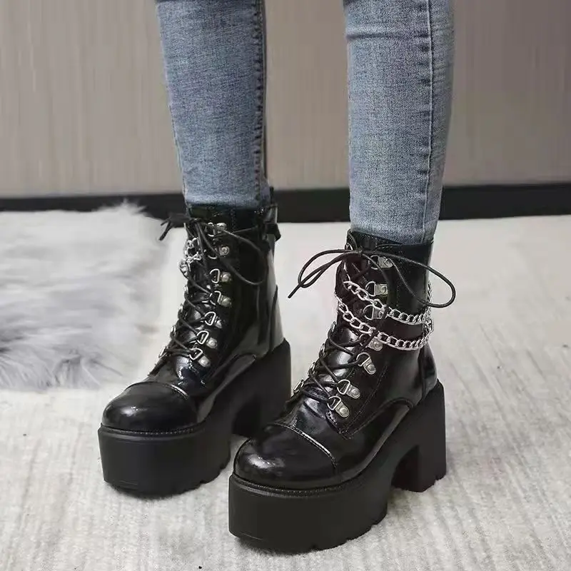 Botas de plataforma con tacón grueso y cadena para mujer, botines de estilo Punk con cremallera, color negro, Sexy, _ - AliExpress Mobile