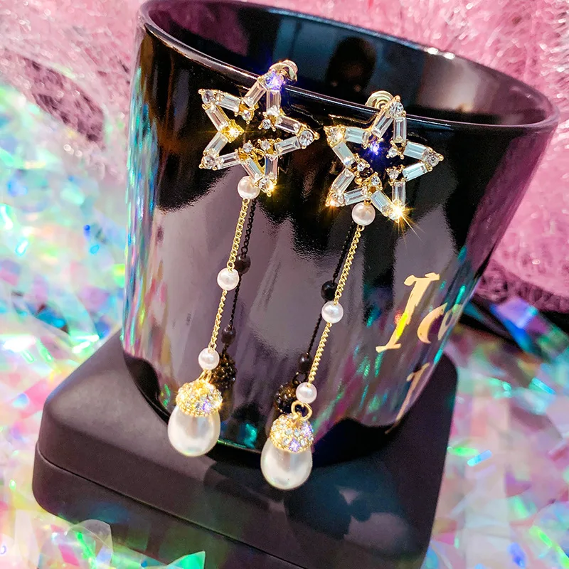 

DREJEW Blue Star Water Drop Pearl Statement Earrings Long Tassel Silver Gold Drop Earrings for Women Fashion Jewelry