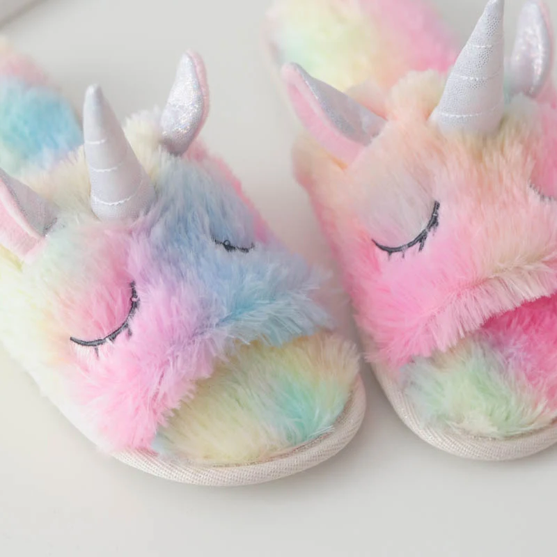 Millffy-cute-colorful-velvet-unicorn-plush-Open-toe-slippers-women-home-indoor-summer-rainbow-unicorn-slippers