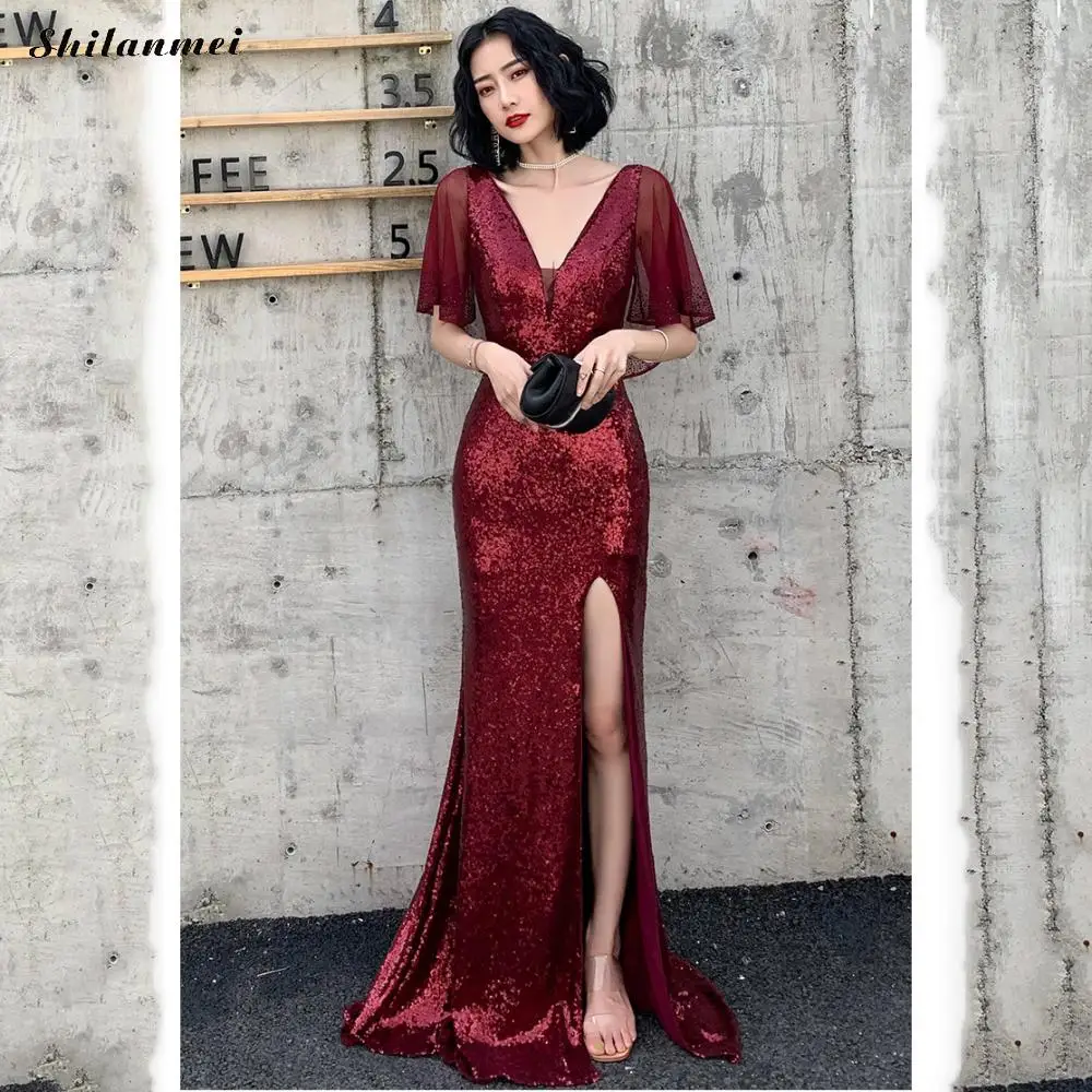 

New Arrival Mermaid Sequin Evening Party Dress Ruffles Sleeve Sexy V Neck Slim Dresses Women Floor Side Slit Maxi Dress Vestidos