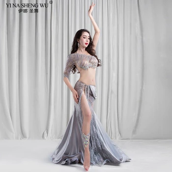 

New 2 piece Luxury Belly Dance Costume Dress Women Stage Performance Show Wear Silk Bra Split Skirt Oriental Dance Contest Suits
