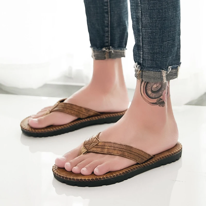 Мужские тапочки; Летние вьетнамки; новые кожаные сандалии; пляжная обувь; большие размеры; DD314