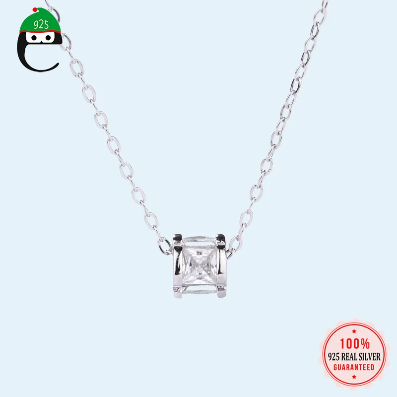 

100% 925 Sterling Silver Necklace White/Black CZ Stones Cylinder Pendant Short Necklace for Women Birthday DS1686