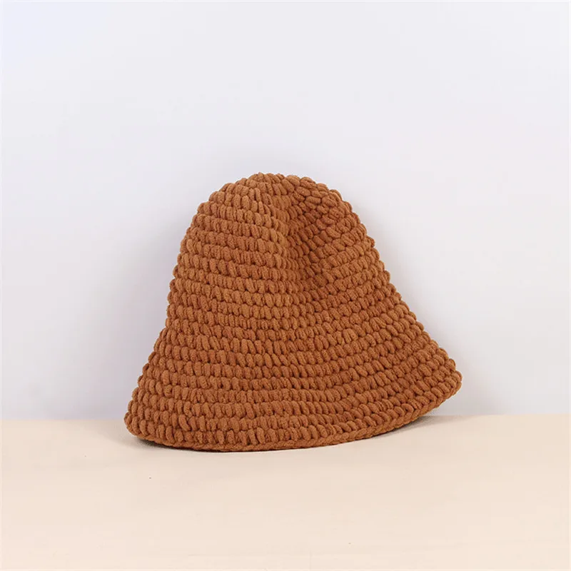 Осенняя и зимняя акриловая одноцветная утолщенная вязаная шапка, зимняя теплая шапка-ведро ручной работы для женщин 128