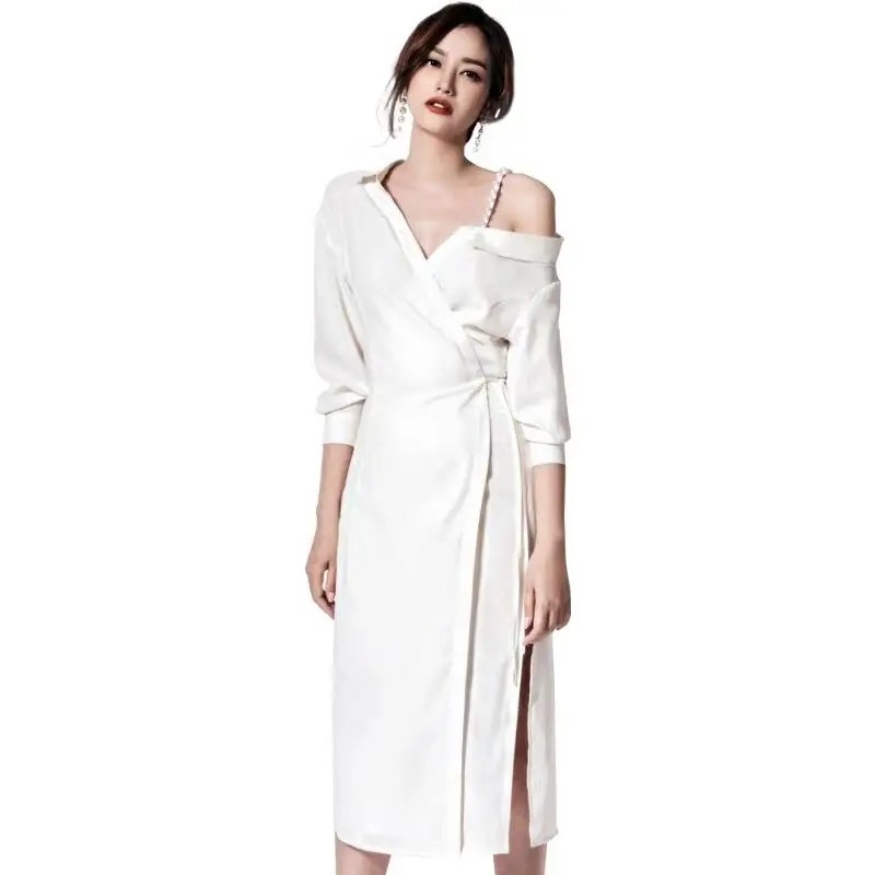 

High Quality 2019 Autumn Women Sexy V-Neck Pearls Beading Strap One Shoulder Lace-up Shirt Dress Ladies Elegant Office Dress