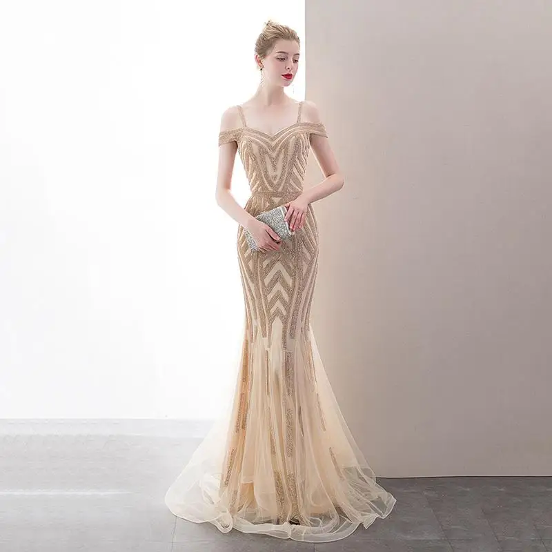 Элегантное шампанское Qipao платье макси для выпускного платье изысканный Bling Стразы сетки; Robe De Soiree Соблазнительная девушка Русалка с открытыми плечами, Vestidos - Цвет: Style 1