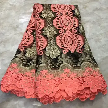 

Latest pink Color French Africa Lace Fabric High Quality African Embroidered tulle Lace Fabric For Rhinestones Wedding Dress FW