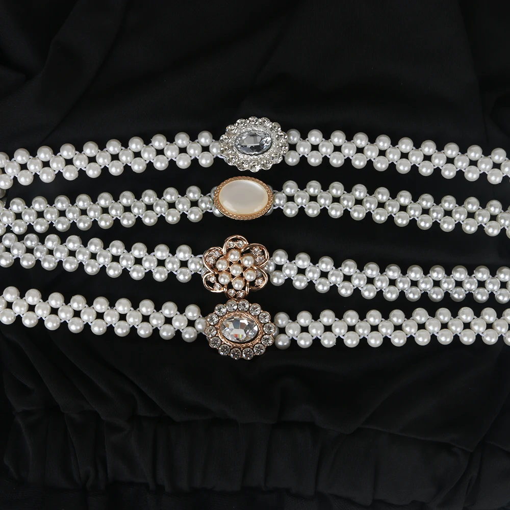 Rhinestone Buckle Weave White Pearl Belt Crytle For ladies girl Elasticity Waist Fit for Waist circumference less than 80cm