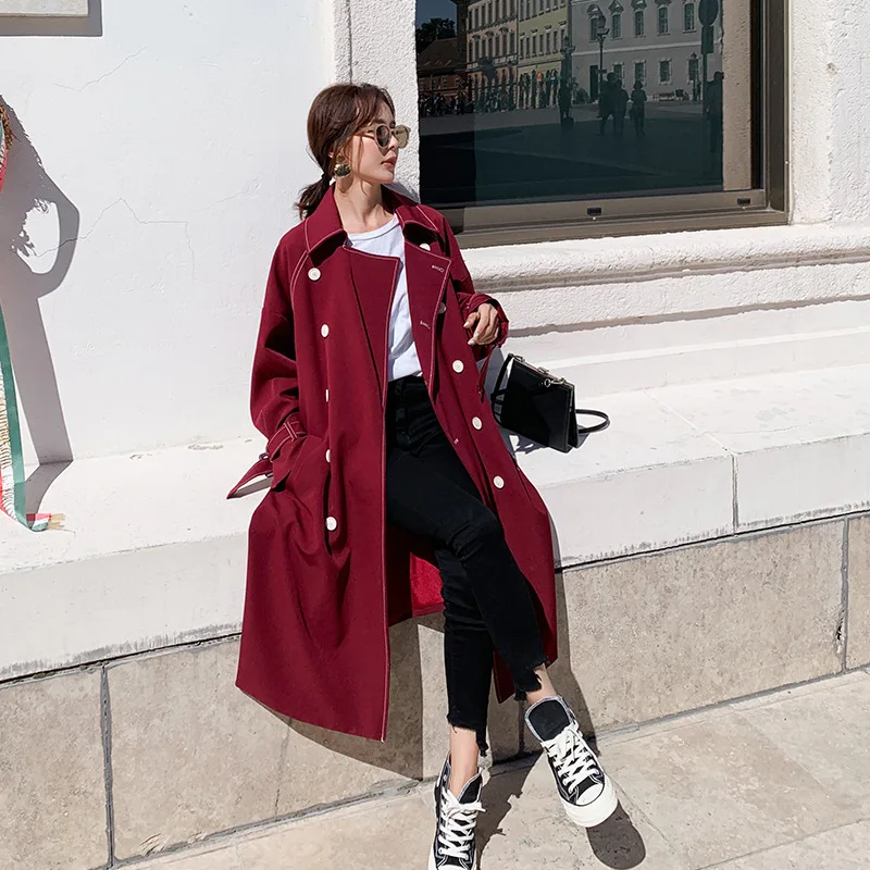 

Trench Coat Women's Mid-length British-Style 2019 Autumn Korean-style New Style Loose-Fit Lace-up Students over-the-Knee Middle