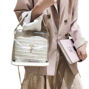 

Straw Bag For Women New Summer Small Ladies Travel Crossbody Bags Fashion Transparent Beach Bags Female Handbags And Purses(Crea