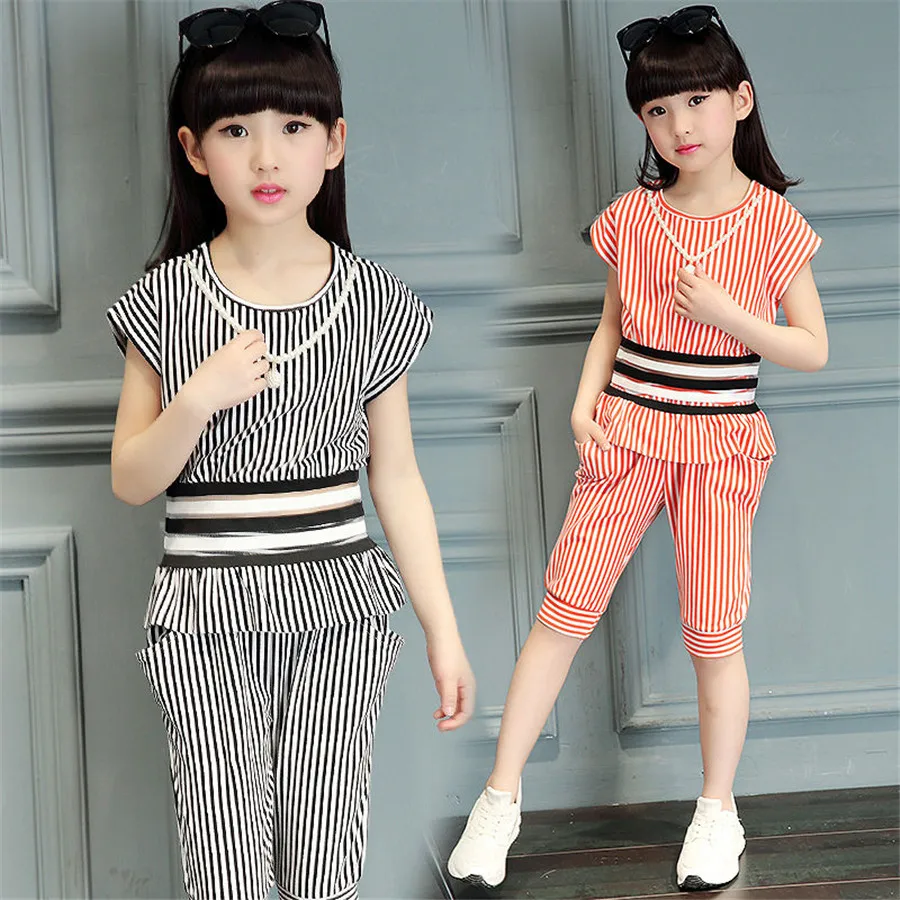 Teenage Children Clothing Tracksuit For Girls Sets Summer Girl Stripe Outfit Suit Kids Clothes 8 10 12 14 Year |