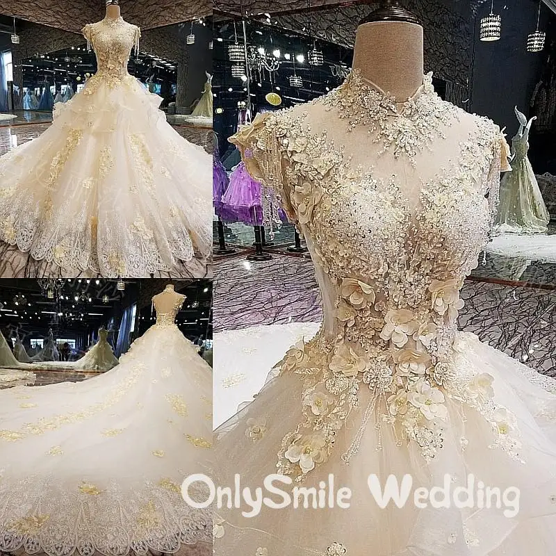 Vestido De Noiva Роскошные платья невесты с высоким воротом с блестками цветы Beade бальное платье Свадебные платья на шнуровке Королевское пышное свадебное платье со шлейфом