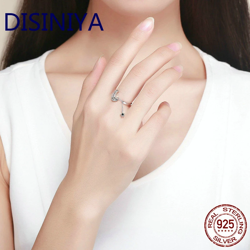 DISINIYA, подлинное 925 пробы, серебряная Луна и звезда, длинная цепочка, звезда, регулируемое кольцо на палец для женщин, ювелирные изделия из стерлингового серебра