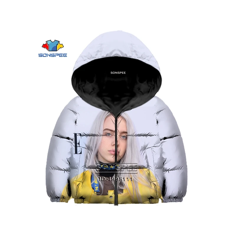 Billie Eilish/Американский юный певец, детский зимний пуховик с 3D принтом хлопковая куртка с капюшоном, теплое пальто тонкое хлопковое пальто для мальчиков и девочек