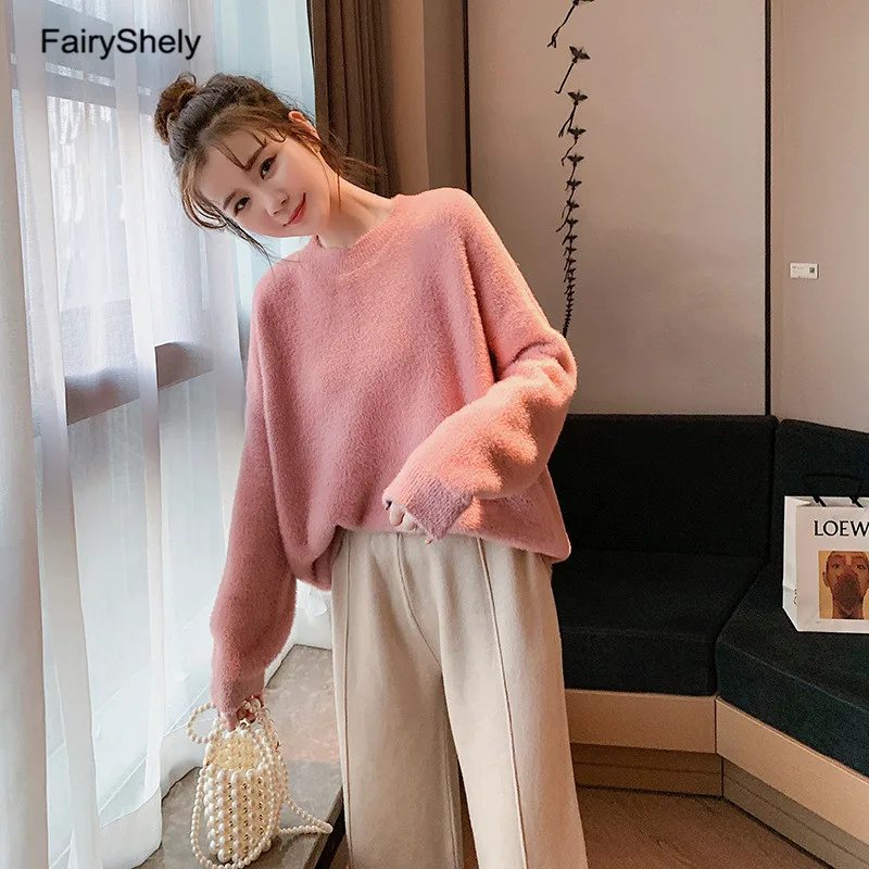 Pink Sweater FairyShely, повседневный кашемировый свитер для женщин, зимний теплый джемпер для девушек, свободный свитер с круглым вырезом, вязаный пуловер, Топ для женщин - Цвет: Pink Sweater