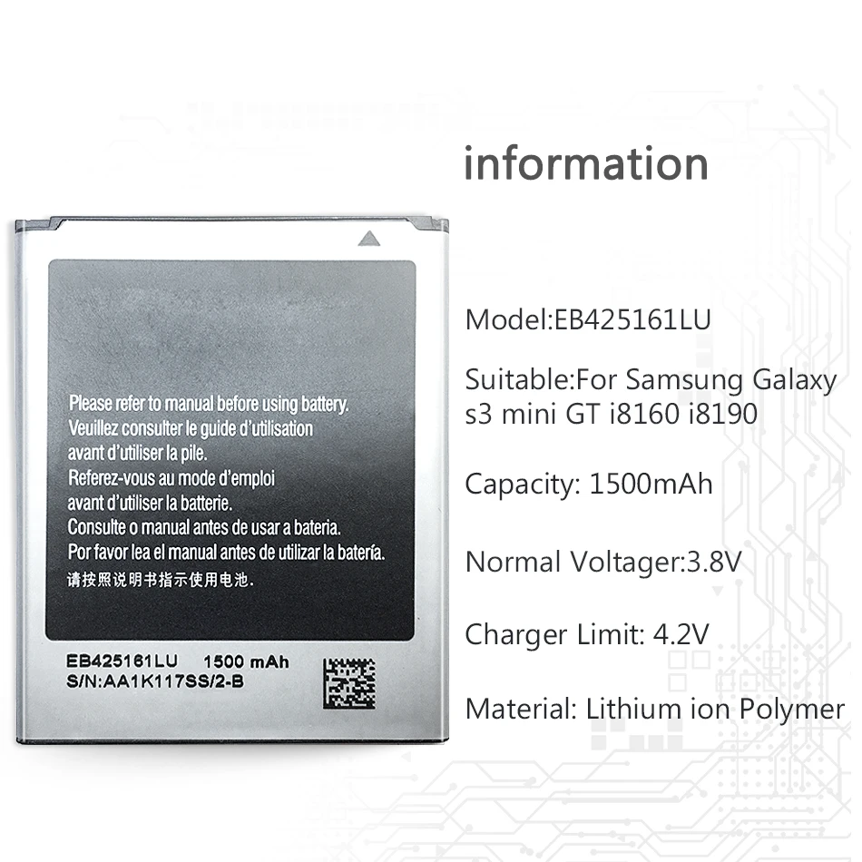 Батарея EB425161LU для samsung SM-J105H J1MINI S7562 S7572 S7580 I739 i759 I669 I8160 J1 мини GALAXY Ace 2 1500 мАч