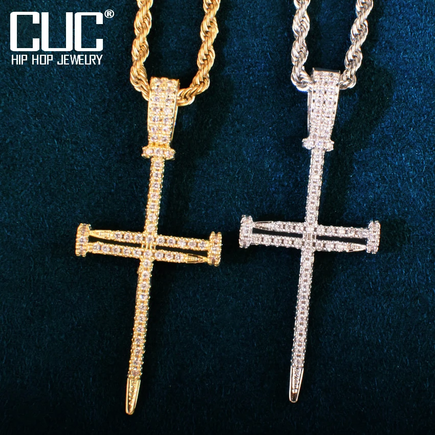 Nail Cross Pendant For Men Women Cubic Zirconia Necklace Chain Copper Material Hip Hop Jewelry