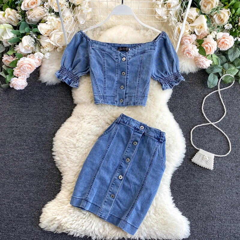 BJYL 2020 New Women Denim Tops Skirt Two Pieces Set Puff Sleeves Blouse Bodycon Button Pencil Skirts Streetwear Suits | Женская одежда