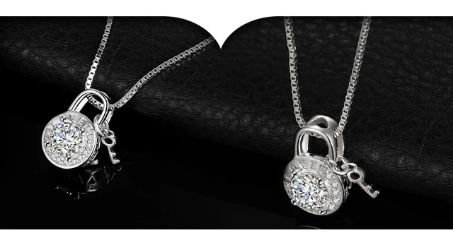 Little Sparkly Lock and Key Diamond CZ .925 Sterling Silver Necklace 18K Gold Plated