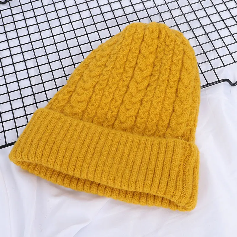 Yellow Новинка, Женская шерстяная одноцветная вязаная шапка, женская вязаная крючком зимняя повседневная шапка для девочек, теплая мягкая утолщенная шапка для катания на лыжах - Цвет: Yellow