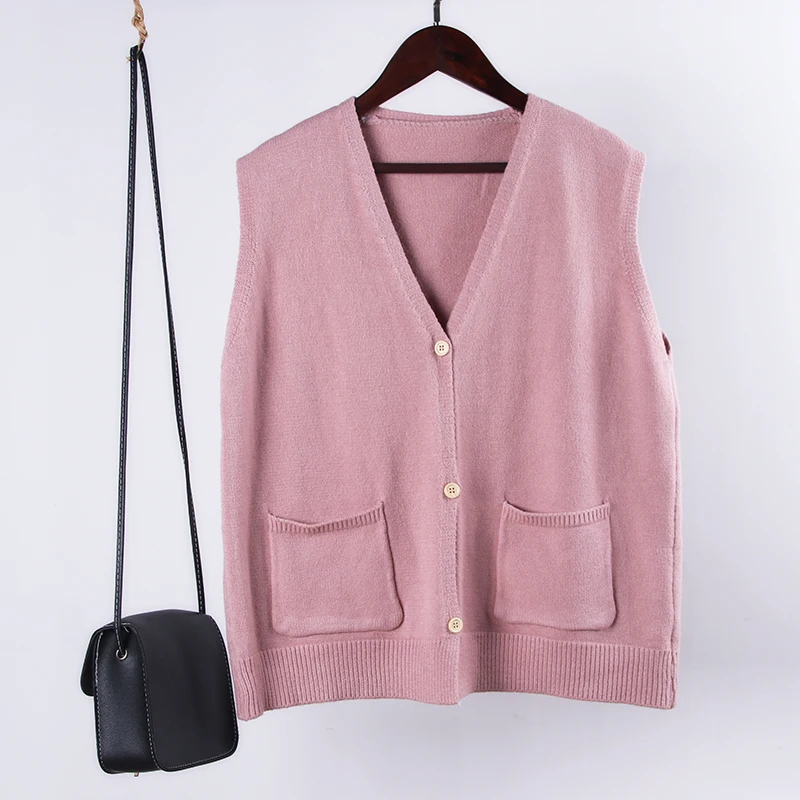 Pink Shellsuning, жилет, женский свитер, свободный, v-образный вырез, Повседневный, Осень-зима, на пуговицах, вязаный кардиган, негабаритный, теплый, без рукавов, вязанное, шикарное пальто - Цвет: Pink