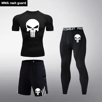 

Men Skull Compression Set Clothes MMA Short Gym T-shirt Men's Sport Tights Fitness Pants Bodybul Ding Punisher Running Suit