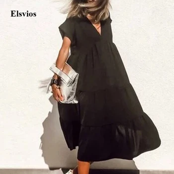 

Elegant V Neck Pleated Summer Dress Casual Short Sleeve A-Line Party Dress 2020 Solid Sexy Women Loose Beach Dress Vestidos 5XL