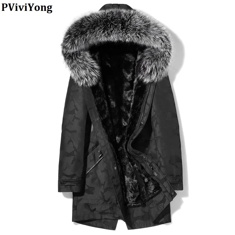 PViviYong зимняя высококачественная мужская куртка с капюшоном из натурального меха норки, мужская куртка с воротником из меха енота 82007SD