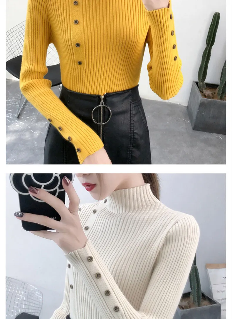 Women Autumn Knitted Sweater Solid Knitted Female Cotton Soft Elastic Color Pullovers Button Full Sleeve Turtleneck