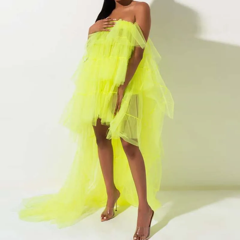 

Bright Green Layered Tulle Maxi Dress Neon Yellow Strapless High low Puffy Pregnant Dress Dramatic Party Gown Cheap ROBES