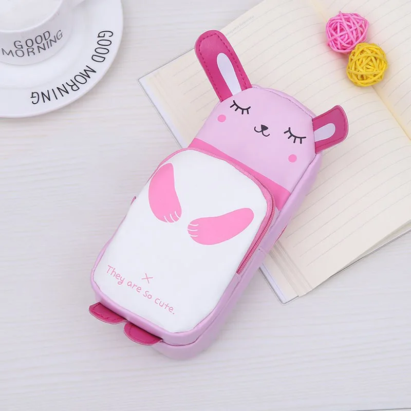 Pink Мультяшные животные кролик панда ручка чехол высокой емкости Pu кавайный пенал для девочек коробка канцелярские принадлежности для школьников - Цвет: Pink