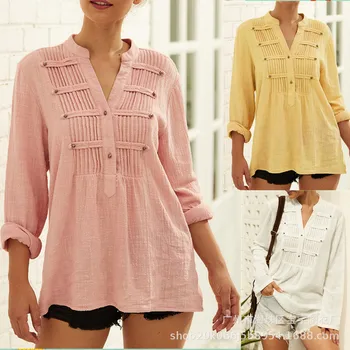 

Large size fashion cotton women’s blouses 2020 summer blouses tops casual pleated V-neck solid color long-sleeved ladies shirt